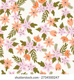 Seamless pattern of pink and orange flowers on a light background. Flower groups with leaves and branches, field of flowers. Perfect for fabric, textile or wallpaper.Vector illustration. 