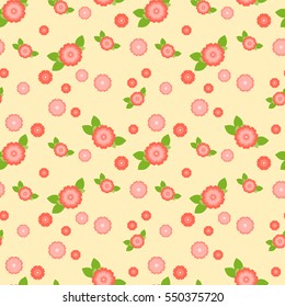 A seamless pattern with pink and orange flowers and green leaves on light beige background
