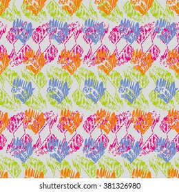 Seamless pattern with pink, orange, green and blue elements on gray background
