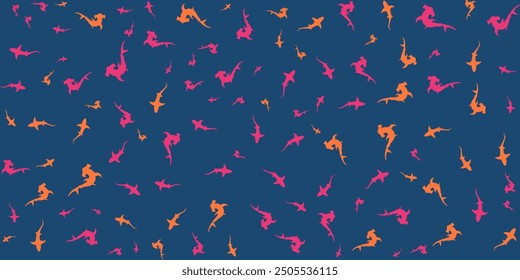 seamless  pattern of pink and orange sharks on a deep blue background. Perfect for tropical and ocean-themed designs.