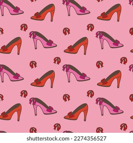 Seamless pattern with pink and orange shoes on pink background. Vector image.