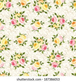 Seamless pattern with pink, orange and yellow roses. Vector illustration.