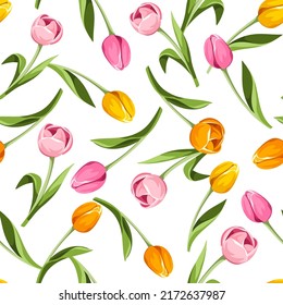 Seamless pattern with pink, orange, and yellow tulip flowers on a white background. Vector floral pattern