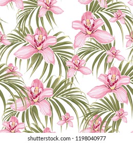 Seamless pattern of pink orchid flower and tropical palm leaves on white background. Vector set of exotic tropical garden for holiday invitations, greeting card and fashion design.