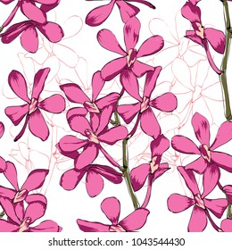 Seamless pattern pink Orchid flowers on white background, watercolor stlye.Vector illustration to print a fashion fabric and tile.
