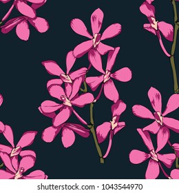 Seamless pattern pink Orchid flowers on black background, watercolor stlye.Vector illustration to print a fashion fabric and tile.