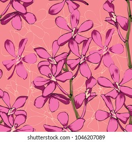 Seamless pattern pink Orchid flowers on pink pastel background, watercolor stlye.vector illustration to print a fashion fabric.