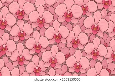 Seamless pattern of pink orchid flowers in a flat cartoon style. Elegant botanical floral design perfect for fabric, wallpaper, or packaging.