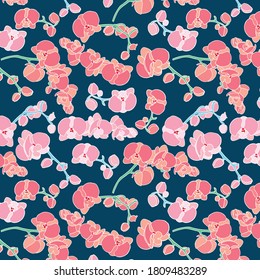 Seamless pattern with pink orchid. Orchid pattern on dark background.