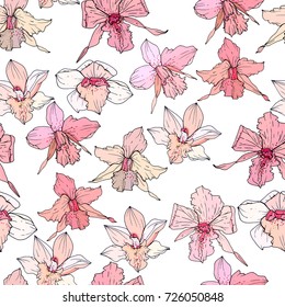Seamless pattern with pink orchids. Endless texture for floral design.