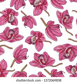 Seamless pattern of pink orchids. Isolated flowers on a white background.