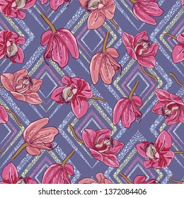 Seamless pattern of pink orchids. Isolated flowers on the background of graphic elements.