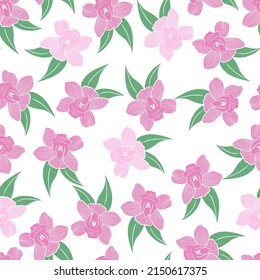 Seamless pattern pink orchids vector illustration. Floral gentle background. Flowering model for fabric, packaging and design. Tropical flowers template