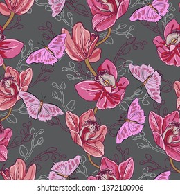 Seamless pattern of pink orchids. Vertical creepers from flowers on a gray background.
