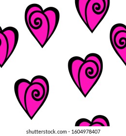 Seamless pattern with pink ornate hearts on white background. Design for Valentine's day, wedding, birthday, Mothers Day. Love vector stock illustration for posters, card, postcard, fabric.  