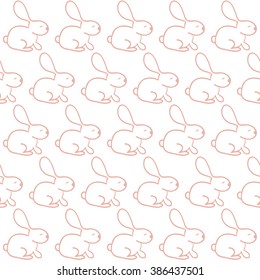 Seamless pattern with pink outline bunny on white background. Vector cute texture with rabbit  for textile, wrapping, fabric, etc.