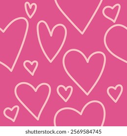 Seamless pattern of pink outline doodle hearts or love. Cute and romantic vector design background.