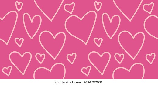 Seamless pattern of pink outline doodle hearts or love. Cute and romantic vector design background. Horizontal or landscape.