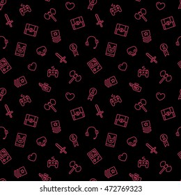 Patrón sin fisuras con iconos de gamer de contorno rosa sobre fondo oscuro