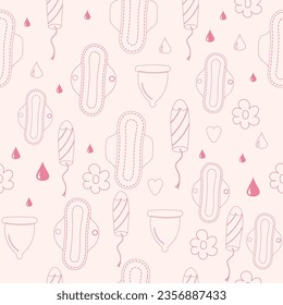 Seamless pattern pink outline  menstruation period woman pad, tampon, menstrual cup 