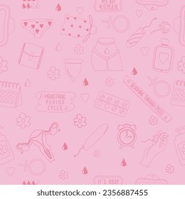 Seamless pattern pink outline  menstruation period woman 