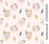 Seamless Pattern with Pink Owls and Floral Elements. Cute Girly Background. Kids Vector Repeat Image.
