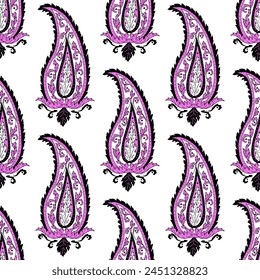 Seamless pattern with pink Paisley motifs on white background. Traditional indian repeat design.