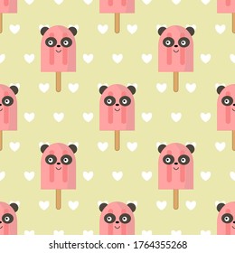 Seamless pattern with pink panda shaped ice cream. White heartson beige background. Kawaii style.