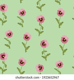 Seamless pattern with pink pansy flowers on a green background. Vector illustration. For decoration textile, packaging, cover.