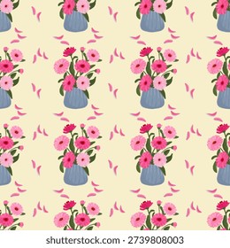 seamless pattern of pink paper flowers or zinnia flowers (Zinnia elegans Jacq) in vase.