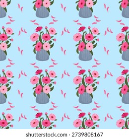 seamless pattern of pink paper flowers or zinnia flowers (Zinnia elegans Jacq) in vase.