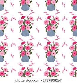 seamless pattern of pink paper flowers or zinnia flowers (Zinnia elegans Jacq) in vase.
