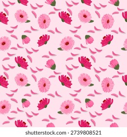 Seamless pattern of pink paper flowers or zinnia flowers (Zinnia elegans Jacq).