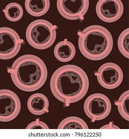 a seamless pattern with pink pastel coffee mugs on a brown background