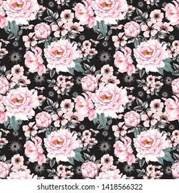 Seamless pattern pink pastel color Paeonia,wild rose flowers on black background.Watercolor Vector illustration hand drawing.For used wallpaper,textile fabric design or wrapping paper.
