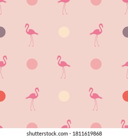 Patrón inmaculado en tonos rosa pastel con flamencos y puntos de polka. Ilustración vectorial para textiles, invitaciones, tela, papel, diseño web, papel, accesorios.