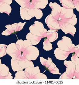 Seamless pattern pink pastel flowers on dark blue color background.Hand Drawing doodle.Vector illustration.