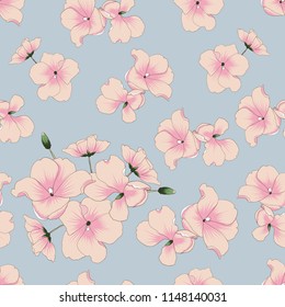 Seamless pattern pink pastel flowers vintage background.Hand Drawing doodle.Vector illustration.