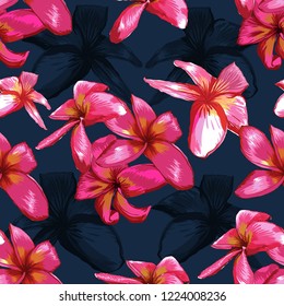 Seamless pattern pink pastel Frangipani flowers on dark blue background.Hand drawing doodle.Vector illustration