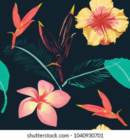 Seamless pattern pink pastel Frangipani,Hibiscus flowers and Musa ornata Flowering Banana on black background.watercolor stlye.Vector illustration