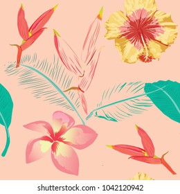 Seamless pattern pink pastel Frangipani,Hibiscus flowers and Musa ornata Flowering Banana on pink pastel background.watercolor stlye.Vector illustration  to print a fashion fabric.