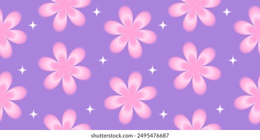 Seamless pattern with pink pastel gradient flowers. Aura y2k illustration with blurry effect for textile, wrapping paper, fabric, background, wallpaper, print design, cover. Vector