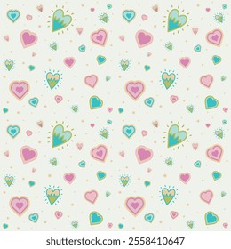 Seamless pattern with pink and pastel green hearts on a beige background