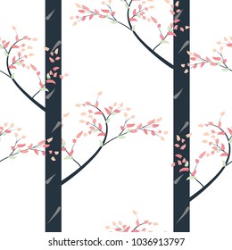 Seamless pattern pink pastel leafs and black tree on whiht background.Vector illustration