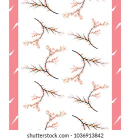 Seamless pattern pink pastel leafs and black branch on whiht background.Vector illustration
