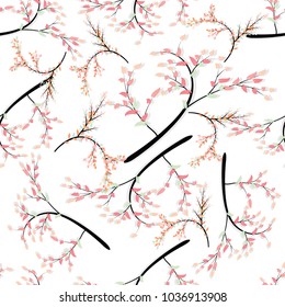 Seamless pattern pink pastel leafs and black branch on whiht background.Vector illustration