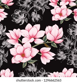 Seamless pattern pink pastel Magnolia flowers abstract background.Drawing line art.Vector illustration