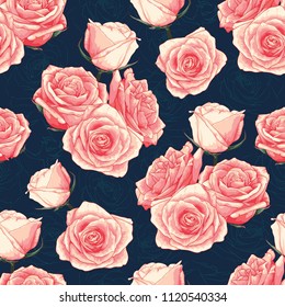 Seamless pattern pink pastel rose flowers on dark blue abstract bacground.Vector illustration drawing watercolor style.