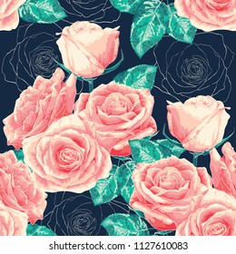 Flores rosa rosa pastel de un patrón inexorable sobre fondo abstracto azul oscuro.Dibujo ilustrativo con un estilo de acuarela.
