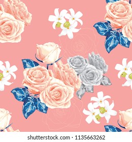 Seamless pattern pink pastel rose,white wild flowers on pink background.Vector illustration hand drawing watercolor style.